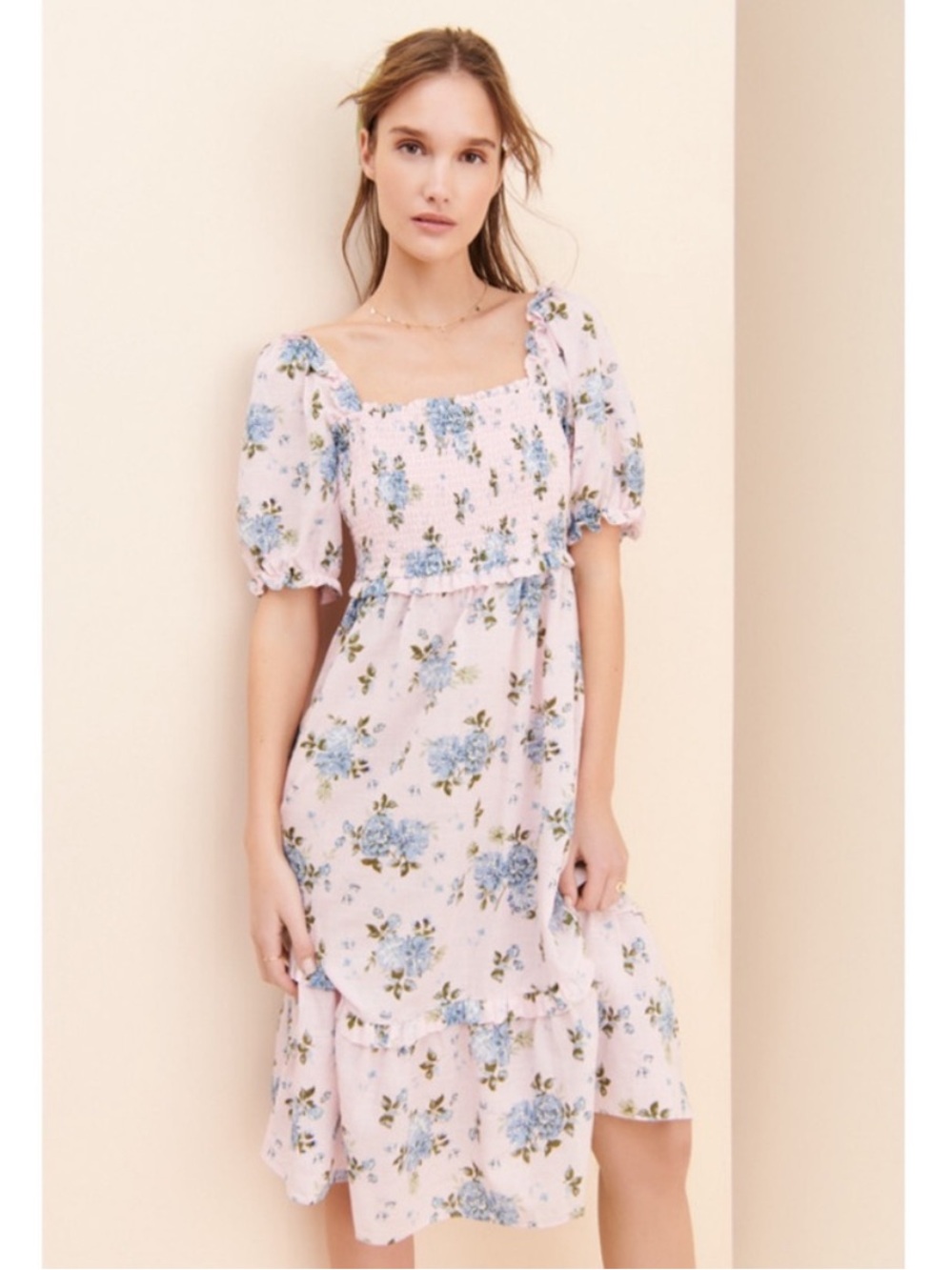 Gal Meets Glam Isabel Pink Floral Square-Neck Smocked Midi Dress